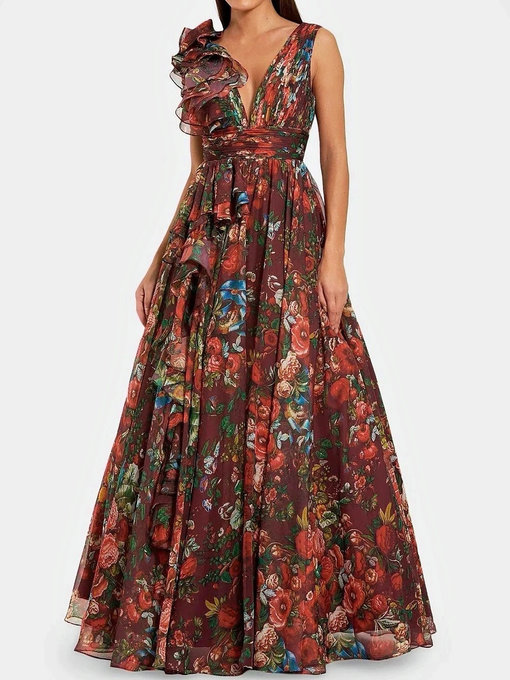 Mac Duggal Floral Chiffon Ruffled V-Neck Gown Burgundy Ball